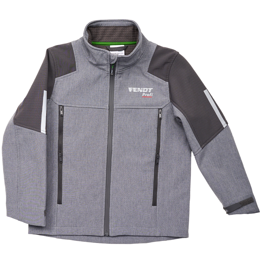 A weatherproof gray Fendt - Children's Profi softshell jacket (X991023111) by AGCO, featuring black accents, two vertical chest pockets, and the text "Fendt Profi" on the left chest.