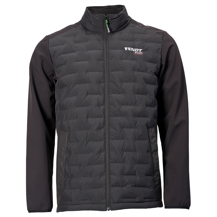 The AGCO Fendt - Men’s Profi quilted jacket in anthracite (X991023051000) is a black full-zip jacket with warm padding on the front and sleeves made of softshell material. It features the "Fendt Profi" logo on the left chest.