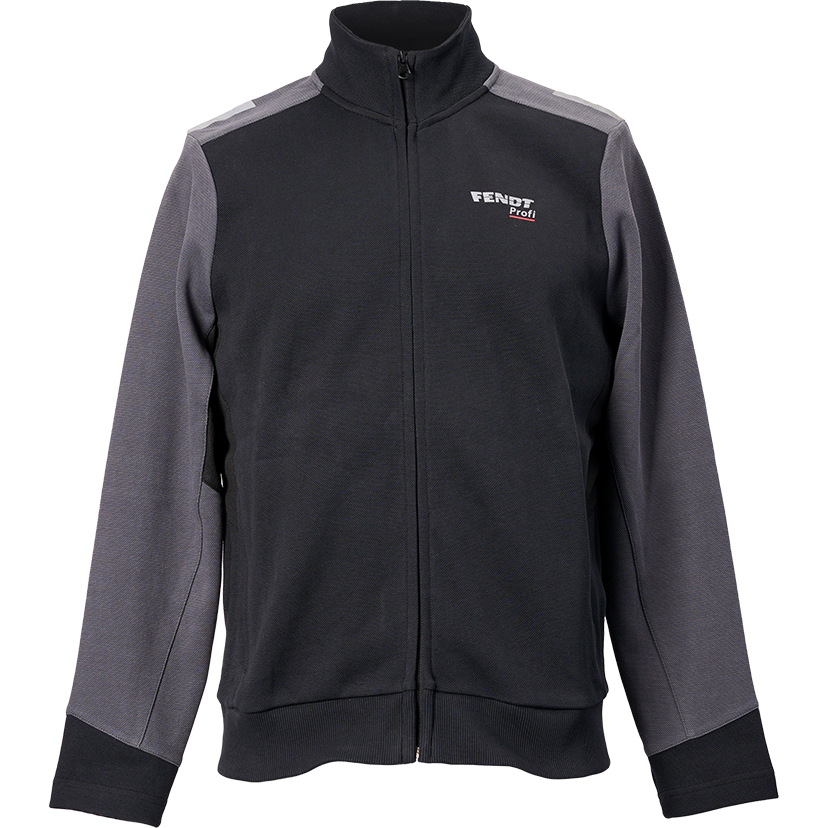 A black and gray zip-up jacket with a high collar and full-length zipper. The AGCO Fendt Men’s Profi Sweat Jacket (X991023092000) features "Fendi Roma" written on the left chest side.