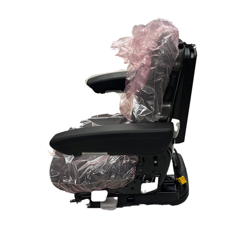 Side view of a disassembled AGCO seat (Acx3109520) covered in protective plastic, sold by JMCE DEALS, suitable for Fendt Fitment.