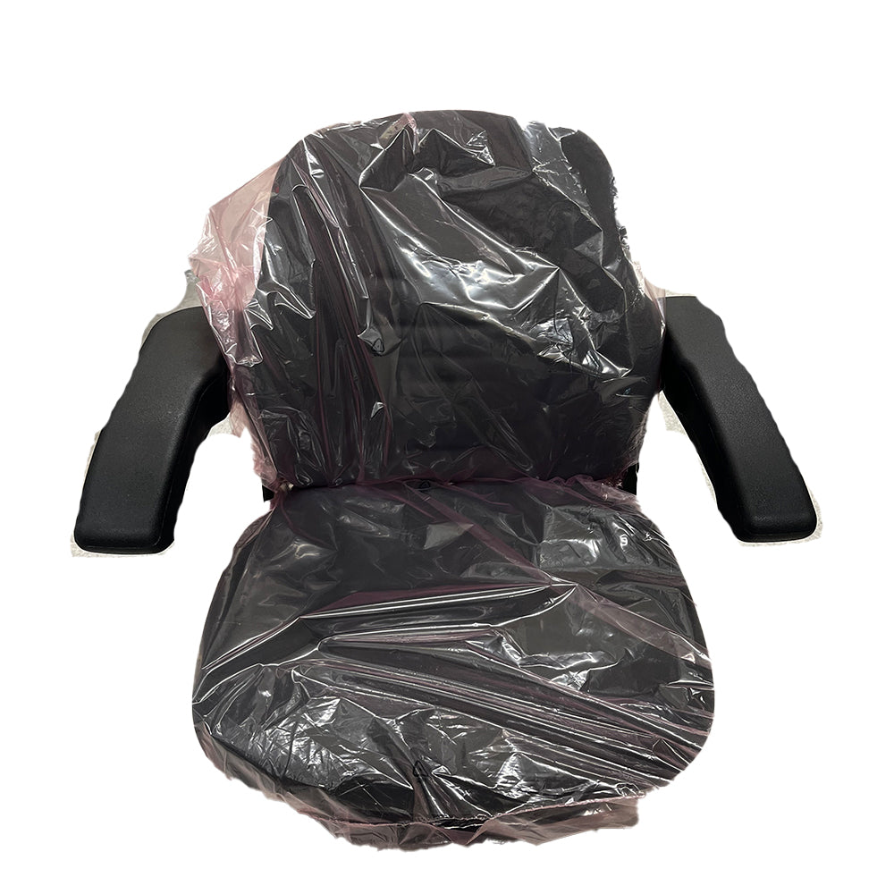 An office chair covered in a clear plastic protective sheet ensures robust durability, keeping your workspace pristine—just like the reliability of the *SPECIAL PRICE* - AGCO | Seat - Acx3109520 from JMCE DEALS.