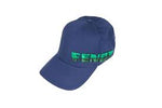 Blue cap with green text on a white background