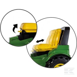 Close-up of a green and yellow John Deere 7310R+frontloader+tire - R730049 toy tractor seat by Rolly Toys, showcasing an adjustable mechanism with arrows indicating movement up and down as well as forward and backward.