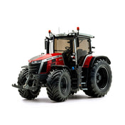 A Limited Edition Massey Ferguson 8S.305 tractor, produced by AGCO and limited to just 500 units (UH6676T), features a striking red and black color scheme, large tires, a cabin with dark tinted windows, and headlights, viewed from the front left side.