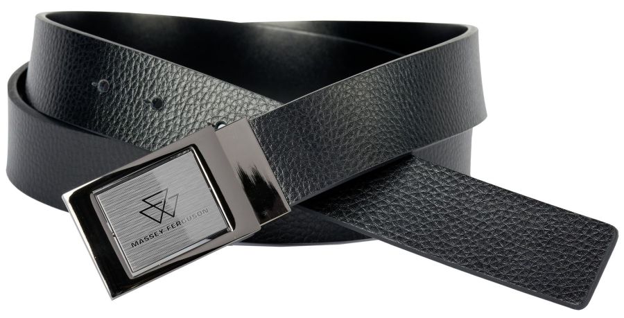 The Massey Ferguson Men's Belt - X993312207000 by AGCO is a black split leather belt with a silver rectangular buckle featuring the engraved Massey Ferguson logo, adding a touch of sophistication to any outfit.