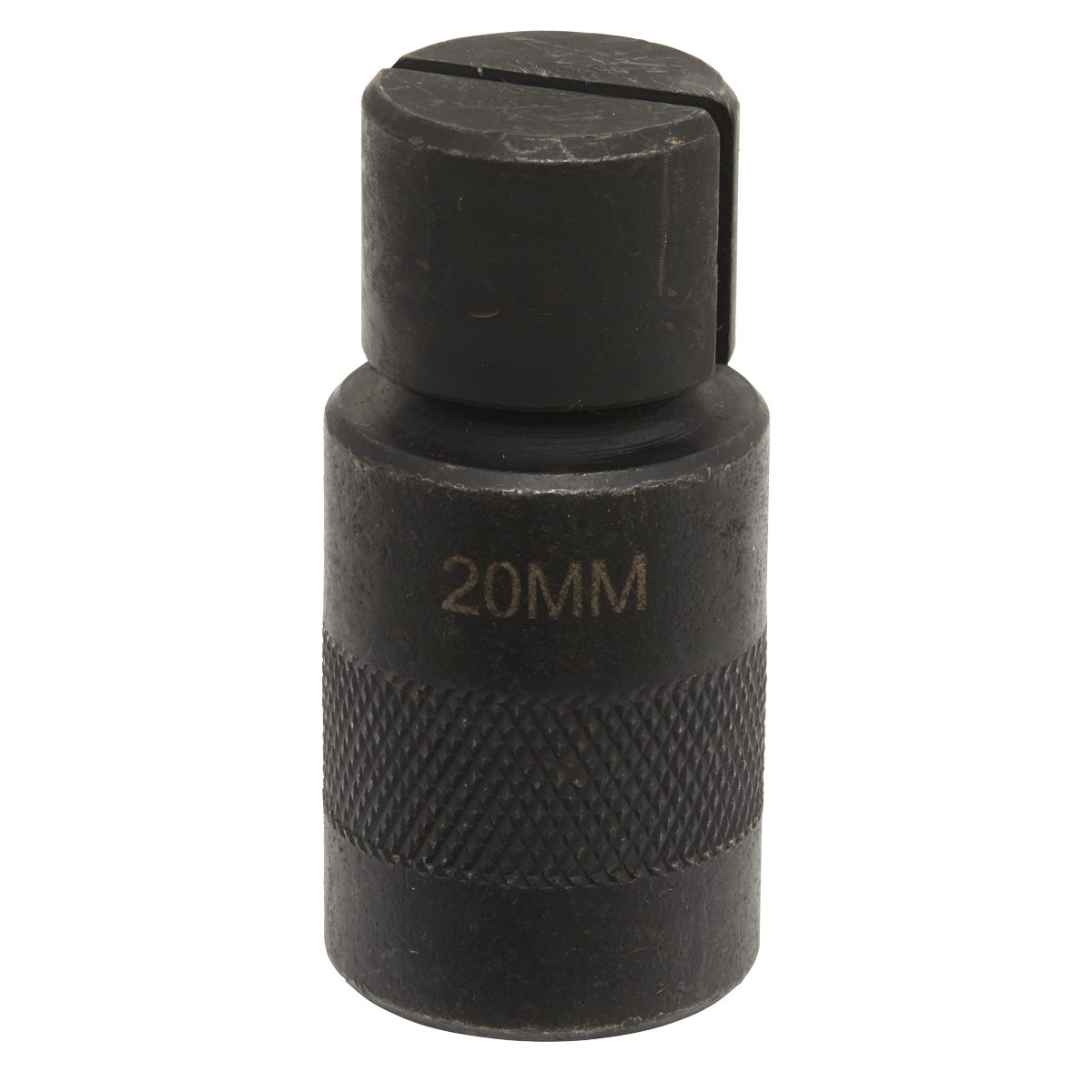 A black, cylindrical metal tool labeled "Replacement Collet for MS062 Ø20mm - MS062.V2-08" by Sealey, features a knurled middle section and a flat, slotted head, making it ideal for your Wheel Bearing Removal Kit.