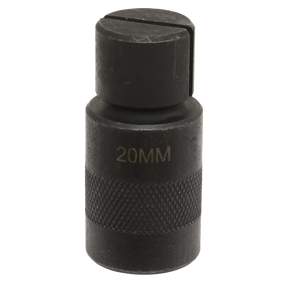 A black, cylindrical metal tool labeled "Replacement Collet for MS062 Ø20mm - MS062.V2-08" by Sealey, features a knurled middle section and a flat, slotted head, making it ideal for your Wheel Bearing Removal Kit.