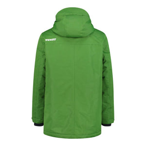 A green hooded jacket shown from the back, featuring a white FENDT logo on the upper left shoulder, set against a plain white background.