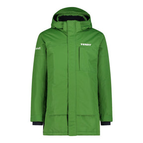 A green hooded jacket with a front zipper, a vertical zip chest pocket, and white VENDOT logos on the chest and left sleeve, shown against a plain white background.