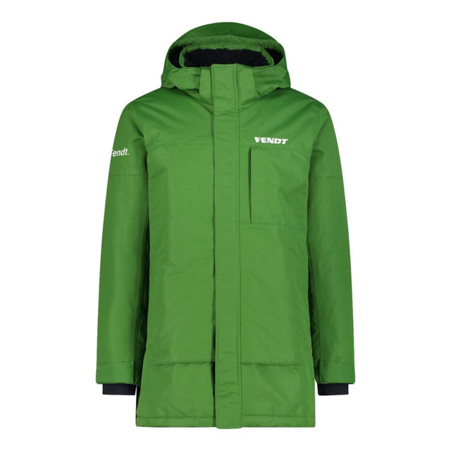 A green hooded jacket with a front zipper, a vertical zip chest pocket, and white VENDOT logos on the chest and left sleeve, shown against a plain white background.