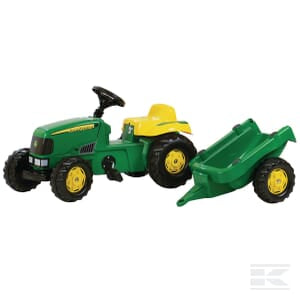 A green and yellow rollyKid Pedal Tractor with Trailer by Rolly Toys, model R01219, is suitable for children aged 2.5 years and up. The John Deere-themed tractor features large black wheels, a steering wheel, and comes with a detachable trailer that boasts green construction and yellow wheels—ideal for outdoor play.