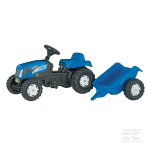 The rollyKid New Holland Pedal Tractor with Trailer by Rolly Toys (R01307) is designed for children aged 2.5 and up. This blue toy tractor comes with a matching trailer attached on the right side, making it perfect for outdoor play. It features a comfortable black seat and steering wheel, along with four sturdy black wheels to ensure stability and fun.