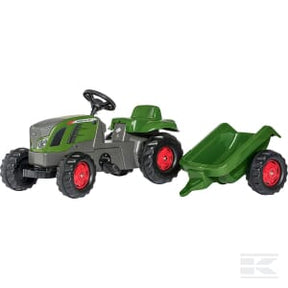 A children's ride-on pedal tractor toy in green and gray with black wheels, featuring a detachable green trailer and adjustable chain tension for smooth rides. The Fendt Vario 516 design from the rollyKid series by Rolly Toys makes it a standout choice among children's tractors for ages 2.5 and up.