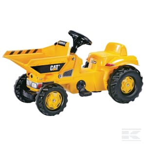 A yellow Pedal Tractor, Caterpillar Deutz Fahr 5D by Rolly Toys, featuring a steering wheel and a seat, with hollow plastic wheels and the "CAT" logo on the side.