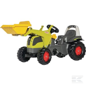 The rollyKid CLAAS Elios 230 pedal tractor by Rolly Toys, designed for children aged 2.5 and up, features a green and grey body, black wheels, and a yellow front loader bucket—an ideal choice for endless adventures.