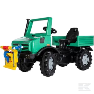 The Rolly Toys Pedal Tractor, Mercedes Benz, Unimog Forestry - R038244 is a green children's ride-on toy equipped with a yellow and blue front attachment and an adjustable black seat. Its secured chain drive ensures smooth operation.