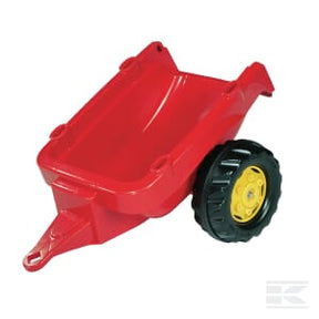 A red and silver trailer with a single yellow and black hollow plastic wheel, suitable for children aged 2.5 and up; RollyKid by Rolly Toys - R12170.