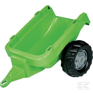 A green and silver Trailer from Rolly Toys' rollyKid line, designed for children ages 2.5 and up, perfect for outdoor adventures with its child-friendly design and single wheel.