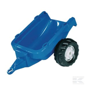 A Rolly Toys blue and white plastic trailer, model R12176, featuring a single hollow black plastic wheel.