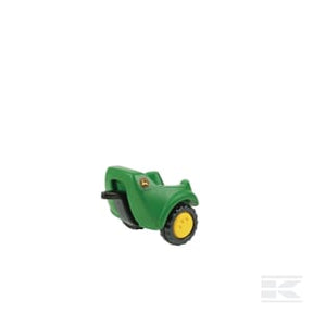 A small green and yellow toy vehicle with three wheels, resembling a farm tractor, features a tipping function that aids in children's motor development. This is the Trailer, John Deere, green, from age 1 by rollyMinitrac from Rolly Toys (R12202).