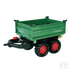 The rollyMega Trailer by Rolly Toys, Fendt model in green and red, is a children's toy designed for ages 3 and up. It features a black hitch attachment and a flatbed design with raised, removable sides for carrying small items. Perfect for pairing with construction vehicles.