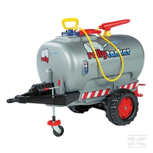 A silver slurry tanker with red wheels and a yellow hose is shown. The tanker features a "rollyTanker" logo and an elephant graphic, perfect for children's agricultural play. This Jumbo model by Rolly Toys is suitable for ages 3 and up (Product Number: R12277).