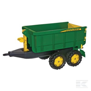 A green Rolly Toys Trailer, John Deere with a black hitch and two yellow wheels on each side, bearing the iconic John Deere logo. Perfect for children aged 3-10 years, this trailer will delight young fans with its realistic design.