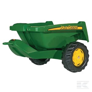 A side view of a green Trailer, John Deere - R12882 by Rolly Toys, featuring yellow wheels and designed for children. This plastic rollyKipper II vehicle toy is perfect for young farmers in training.