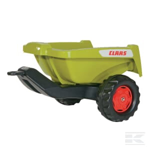 A green and black Rolly Toys Trailer Claas - R12885, featuring red wheels, designed to be attached to a children's ride-on vehicle.