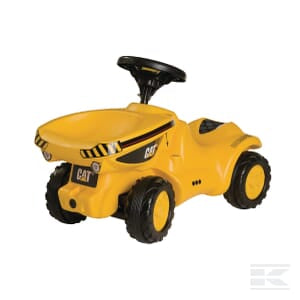 Introducing the rollyMinitrac Dumper CAT by Rolly Toys – a yellow push tractor designed for young drivers aged 1.5 and up. Featuring four black whisper-quiet tires and an easy-to-grip steering wheel, this ergonomically contoured ride-on vehicle ensures comfort and hours of fun. Showcasing authentic "CAT" branding on the front, it offers a realistic construction vehicle experience for your little one.