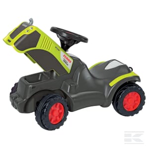 The rollyMinitrac by Rolly Toys - R13265, also known as the Claas Xerion pedal tractor, is a children's ride-on vehicle designed for ages 1.5 and up, featuring an ergonomic design in black and green with a red wheel loader at the front and a steering wheel.