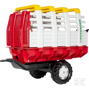 The Rolly Toys Trailer Hay Loader, Pöttinger - R22479, is a red, white, and yellow plastic model featuring black hollow plastic wheels. This agricultural trailer is expertly designed for farm use and is perfect for simulating hay loading tasks.