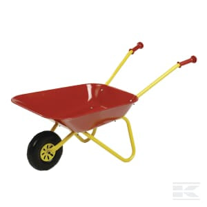 A Rolly Toys wheelbarrow, red/yellow (R27080), featuring yellow handles and a hollow plastic wheel.