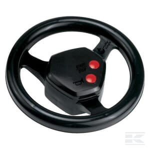 A black Steering Wheel with sound - R40920 by Rolly Toys, featuring two red buttons labeled "Start" and "Stop" on a central module, perfect for all tractors.