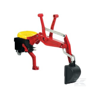 Image of the Rolly Toys Rear Excavator, red - R40932, featuring movable arms, a seat, and a scooping bucket.