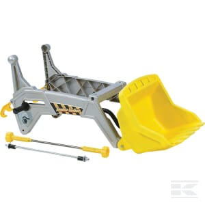 Introducing the Front Loader rollyJunior (R40933) by Rolly Toys, a grey and yellow toy loader attachment designed for children aged 3 and up. This exciting accessory features a plastic bucket and two detachable rods, perfect for enhancing your child's toy vehicle.