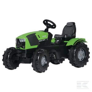 A Pedal tractor, Deutz Fahr 5120 - R60124 by Rolly Toys, featuring a green and black design with large wheels and a seat for a child.