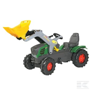 The Rolly Toys Pedal Tractor with Front Loader, Fendt 211 Vario (R61105) is a green and black toy tractor featuring a yellow front loader and red wheels.