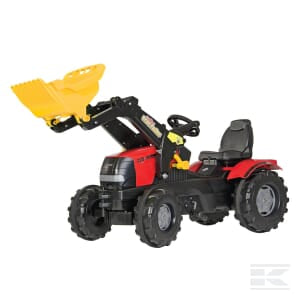 The Pedal tractor with front loader, Case IH Puma from Rolly Toys (model R61106) is designed for children aged 3 and up. This rollyFarmtrac Case Puma CVX 240 comes in red and black, features large black wheels, an adjustable seat, and includes a yellow front loader attachment.