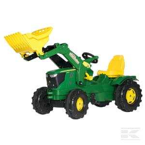 A green Rolly Toys John Deere 6210R pedal tractor with a yellow front loader and yellow seat, designed for young children.