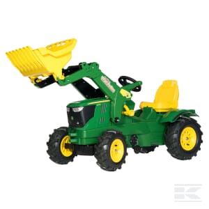 A Rolly Toys John Deere 6210R pedal tractor with a front loader bucket, featuring pneumatic black wheels and a yellow seat.