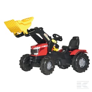 The Rolly Toys Pedal Tractor with Front Loader, Massey Ferguson 7726 - R61114, features a red and black design with a yellow front loader attachment and large pneumatic wheels. This ruggedly built toy is designed for children to provide an authentic farming experience.