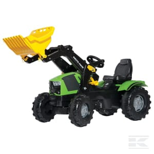 The DEUTZ-FAHR 5120 with front loader by Rolly Toys is a green and black toy vehicle for children, featuring an adjustable seat and a yellow front loader attachment.