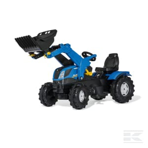 The Pedal tractor with front loader, New Holland T7 by Rolly Toys (R61125), is a blue toy vehicle featuring a black scoop attachment on the front, four large black wheels, and an adjustable seat. Designed for children aged 3 and up, this rollyFarmtrac toy ensures hours of fun and imaginative play.