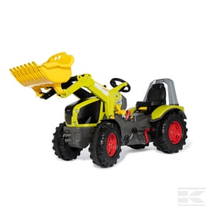 The Rolly Toys Claas Axion 960 + Frontloader - R651122 is a yellow and green toy tractor with a front loader and black wheels, perfect for children aged 3 to 10 years. It boasts a black seat and steering wheel, complemented by striking red accents on the wheels and base.