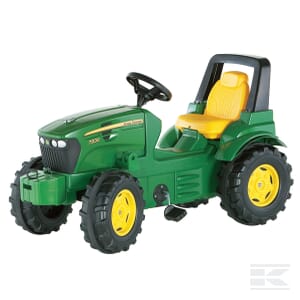 The Pedal Tractor, John Deere 7930 by Rolly Toys (R70002), is a green ride-on toy for kids aged 3 and up. It features a yellow seat, black steering wheel, and large black and yellow wheels with an adjustable tractor seat to accommodate growing children.