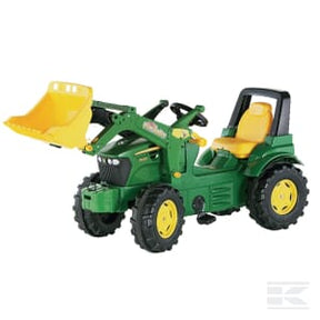 A green and yellow Rolly Toys rollyFarmtrac John Deere 7930 pedal tractor with a front loader for ages 3 and up, featuring an adjustable seat and four large black tires.