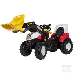 The Pedal Tractor, Steyr 6300 Terrus CTV - R710041 by Rolly Toys is a child's ride-on tractor that features a yellow front loader, an adjustable black seat, a white and red body, and large black tires.