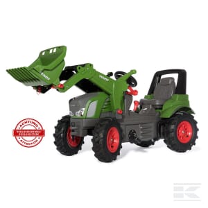 The Fendt 939 Vario + frontloader (R710294) by Rolly Toys is a green and gray toy tractor with a functional front loader, large red wheels, and an adjustable seat, designed for children's play.