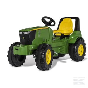 Green and yellow John Deere 7310R - R720026 ride-on toy tractor by Rolly Toys, featuring black wheels and a steering wheel.